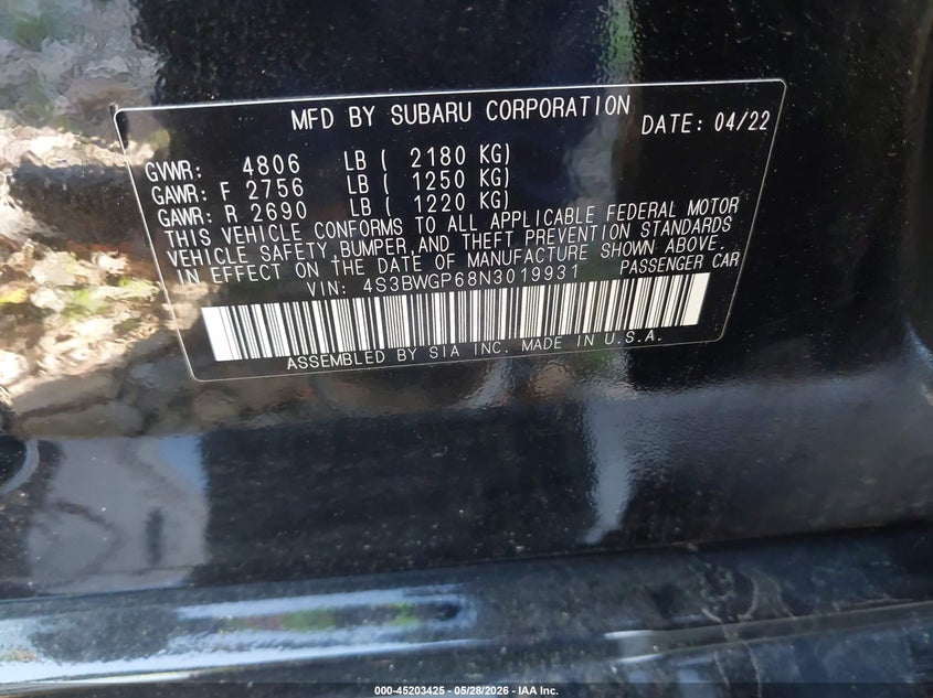2022 Subaru Legacy Touring Xt VIN: 4S3BWGP68N3019931 Lot: 45203425