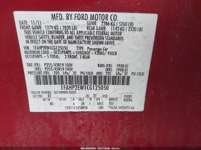 FORD TAURUS 2012 VIN 1FAHP2EW1CG125050