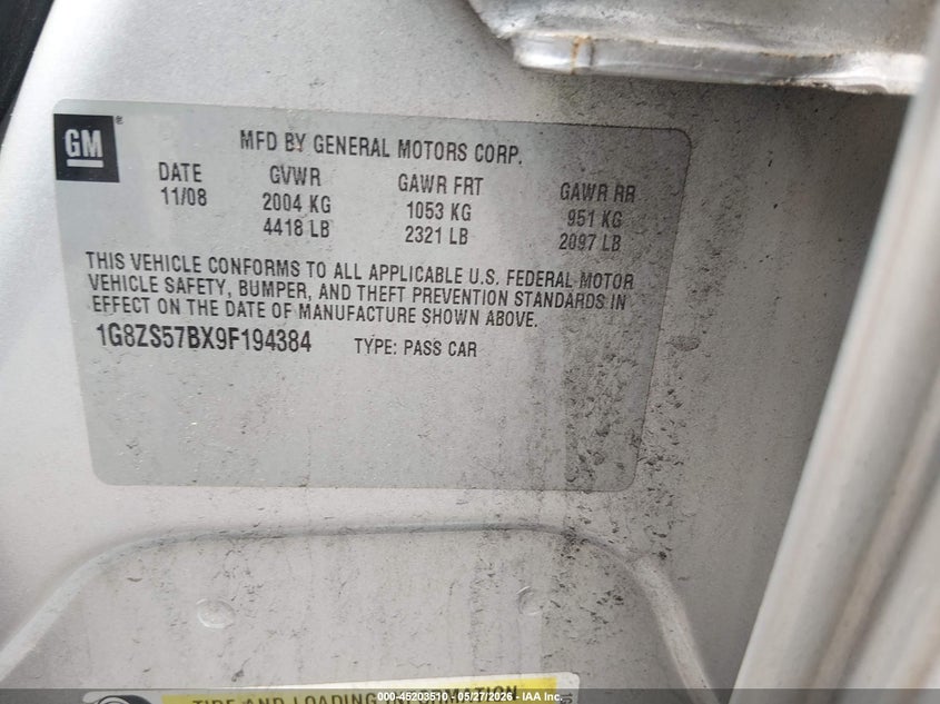 2009 Saturn Aura Xe VIN: 1G8ZS57BX9F194384 Lot: 45203510