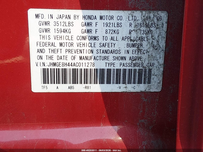 2010 Honda Fit Sport VIN: JHMGE8H44AC011278 Lot: 45203511