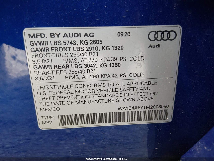 2021 Audi Sq5 Premium Plus Tfsi Quattro Tiptronic VIN: WA1B4AFY1M2008080 Lot: 45203521