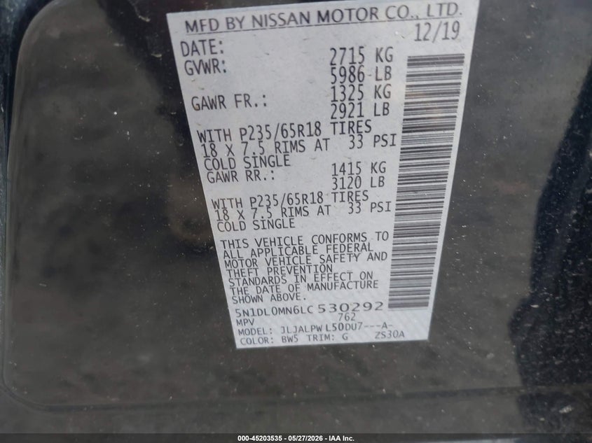 2020 Infiniti Qx60 Pure VIN: 5N1DL0MN6LC530292 Lot: 45203535