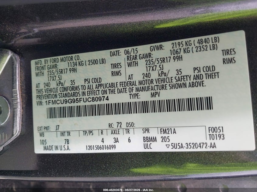 FORD ESCAPE 2015 VIN 1FMCU9G95FUC80974