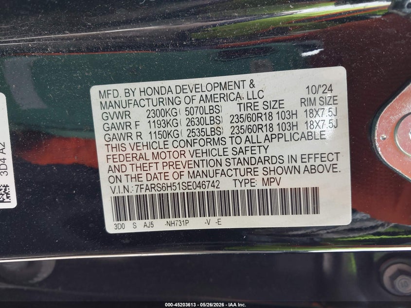 VIN 7FARS6H51SE046742 2025 HONDA CR-V HYBRID SPORT