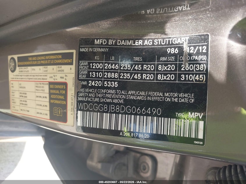 2013 Mercedes-Benz Glk 350 4Matic VIN: WDCGG8JB8DG066490 Lot: 45203687
