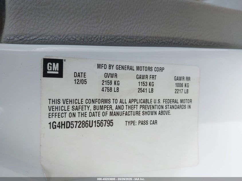 2006 Buick Lucerne Cxl VIN: 1G4HD57286U156795 Lot: 45203695