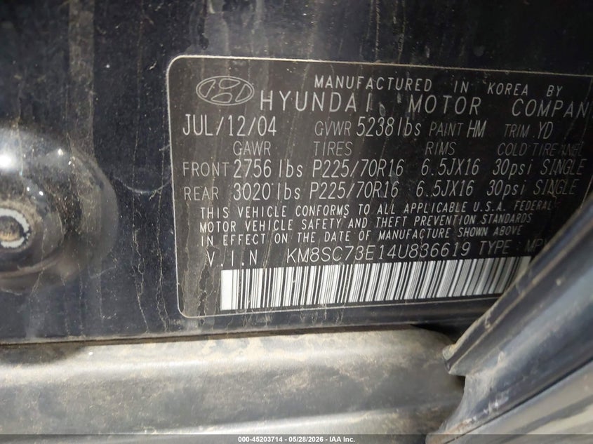 2004 Hyundai Santa Fe Gls/Lx VIN: KM8SC73E14U836619 Lot: 45203714