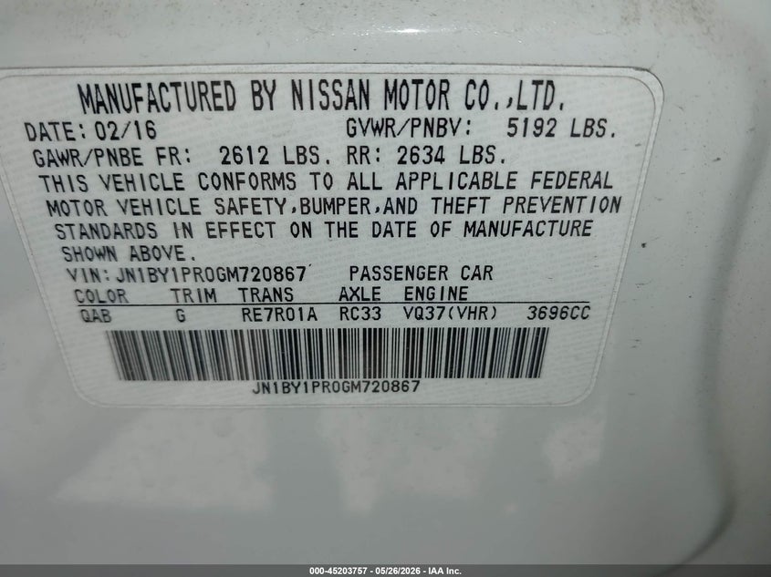 2016 Infiniti Q70L 3.7X VIN: JN1BY1PR0GM720867 Lot: 45203757