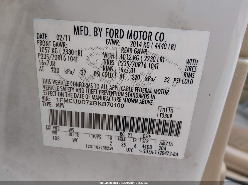 2011 FORD ESCAPE SPORT UTILITY VEHICLE 2.5L I-4 DOHC, VVT, 171HP
