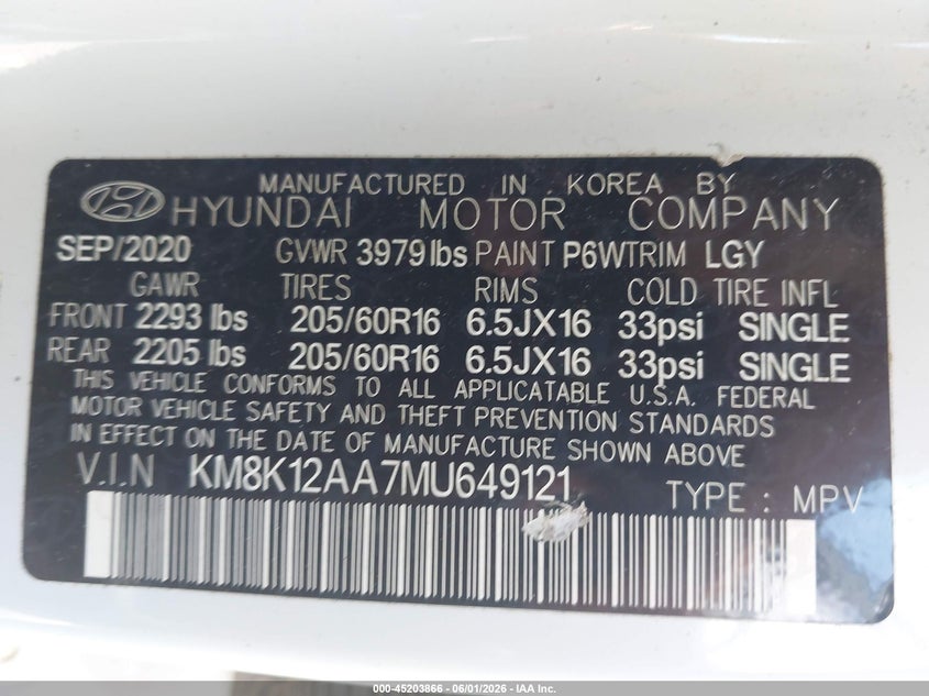 2021 Hyundai Kona Se VIN: KM8K12AA7MU649121 Lot: 45203866