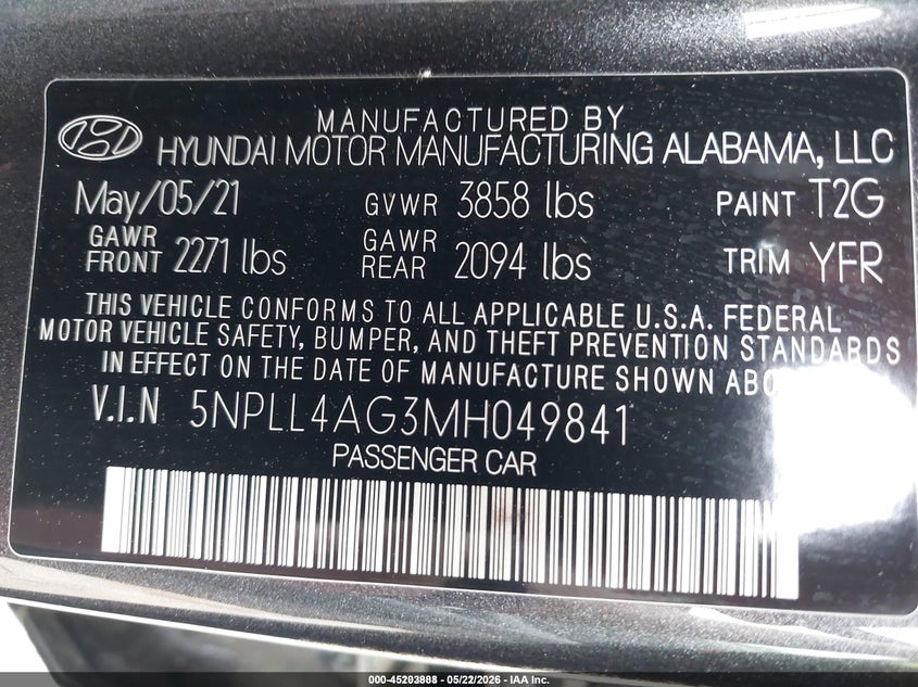 2021 HYUNDAI ELANTRA 2.0L I-4 DOHC, VVT, (VIN: 5NPLL4AG3MH049841