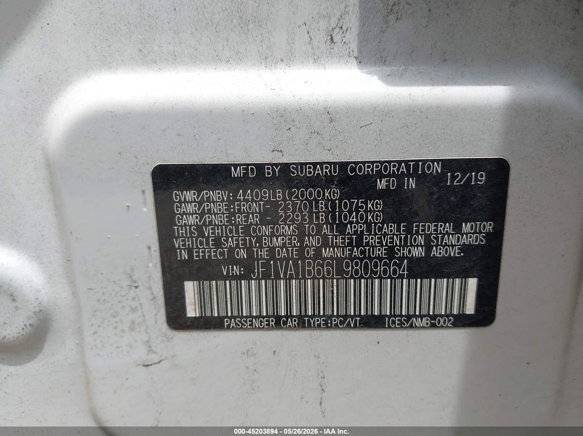 2020 Subaru Wrx Premium VIN: JF1VA1B66L9809664 Lot: 45203894