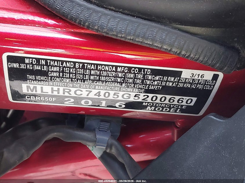 2016 Honda Cbr650 F VIN: MLHRC7405G5200660 Lot: 45204021