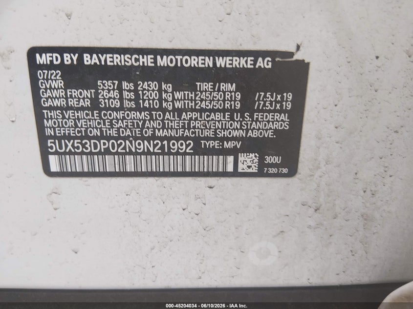 2022 BMW X3 2.0L I-4 DI, DOHC, V(VIN: 5UX53DP02N9N21992
