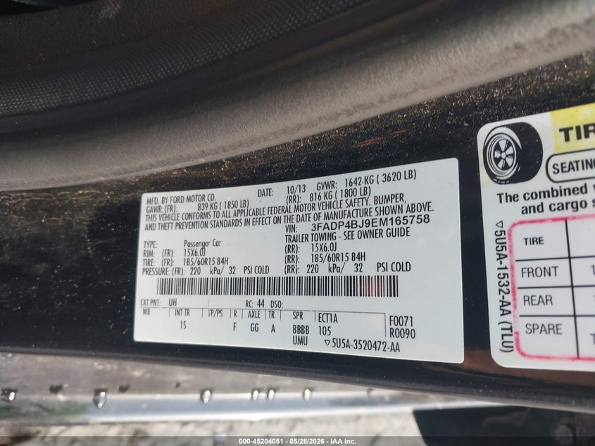 2014 Ford Fiesta Se VIN: 3FADP4BJ9EM165758 Lot: 45204051
