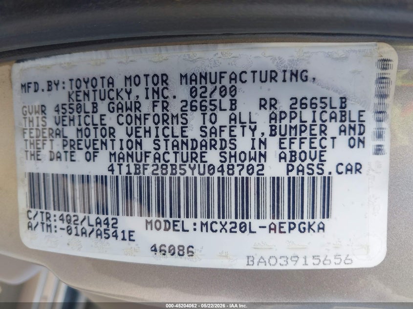 2000 Toyota Avalon Xls VIN: 4T1BF28B5YU048702 Lot: 45204062