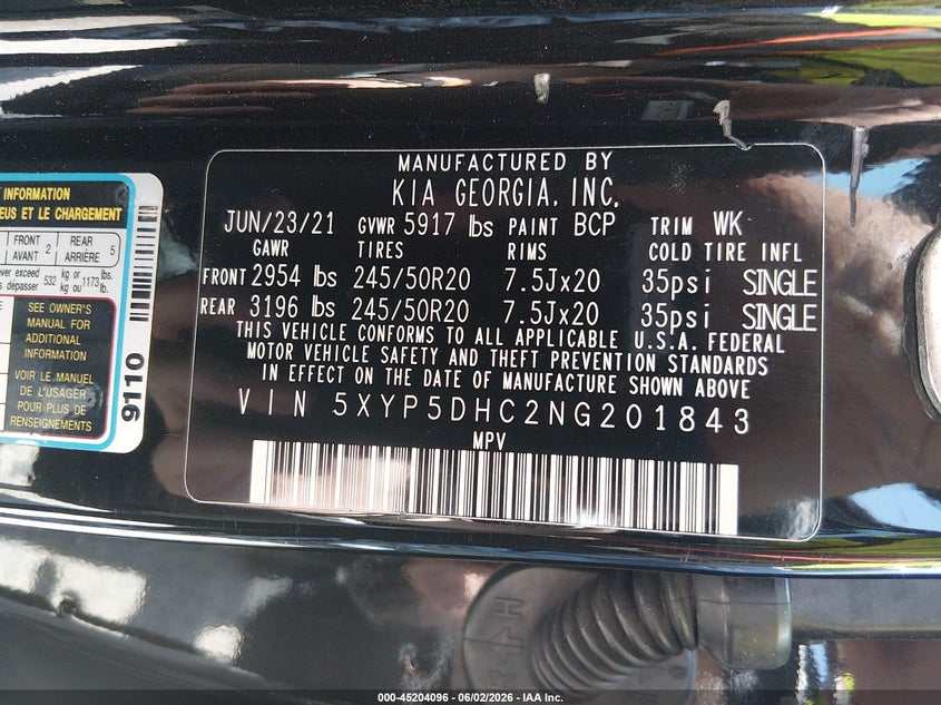 2022 Kia Telluride Sx VIN: 5XYP5DHC2NG201843 Lot: 45204096