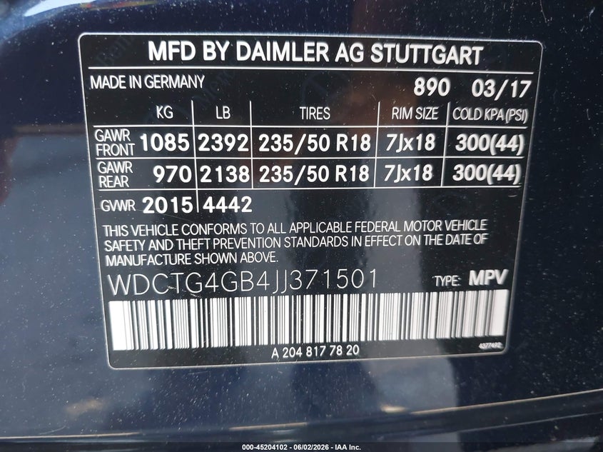 2018 Mercedes-Benz Gla 250 4Matic VIN: WDCTG4GB4JJ371501 Lot: 45204102
