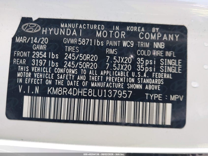 2020 Hyundai Palisade Sel VIN: KM8R4DHE8LU137957 Lot: 45204136