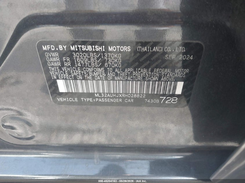 2024 Mitsubishi Mirage Es/Le VIN: ML32AUHJXRH028822 Lot: 45204163