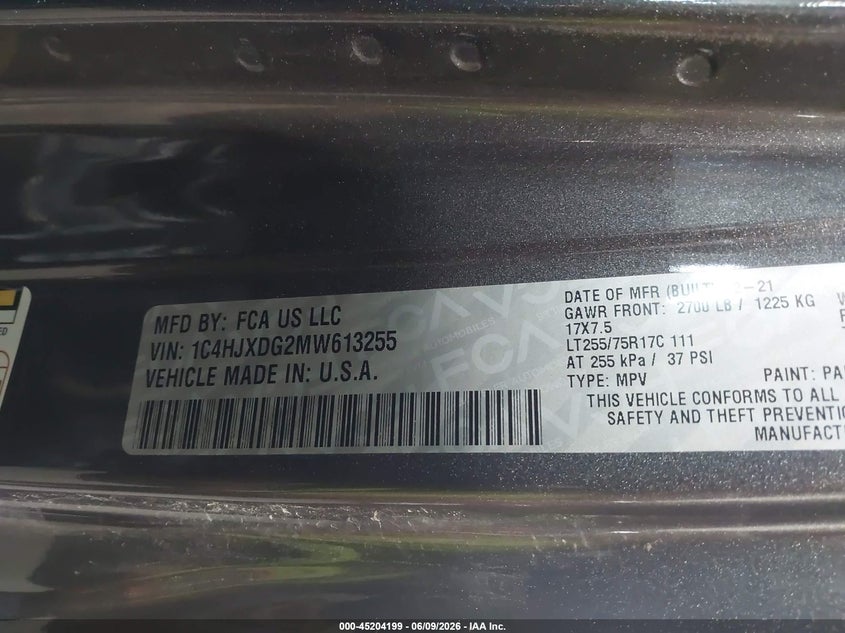 JEEP WRANGLER UNLIMITED 2021 VIN 1C4HJXDG2MW613255
