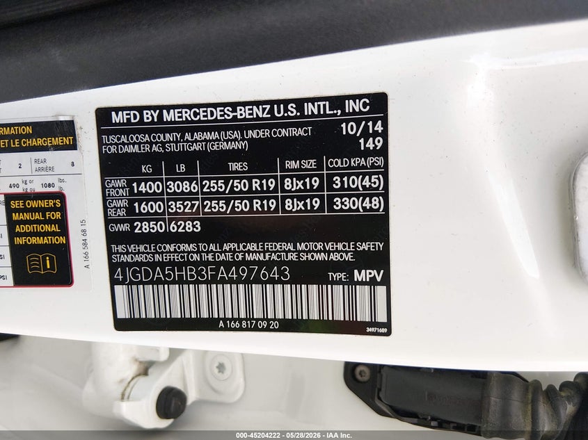 2015 Mercedes-Benz Ml 350 4Matic VIN: 4JGDA5HB3FA497643 Lot: 45204222