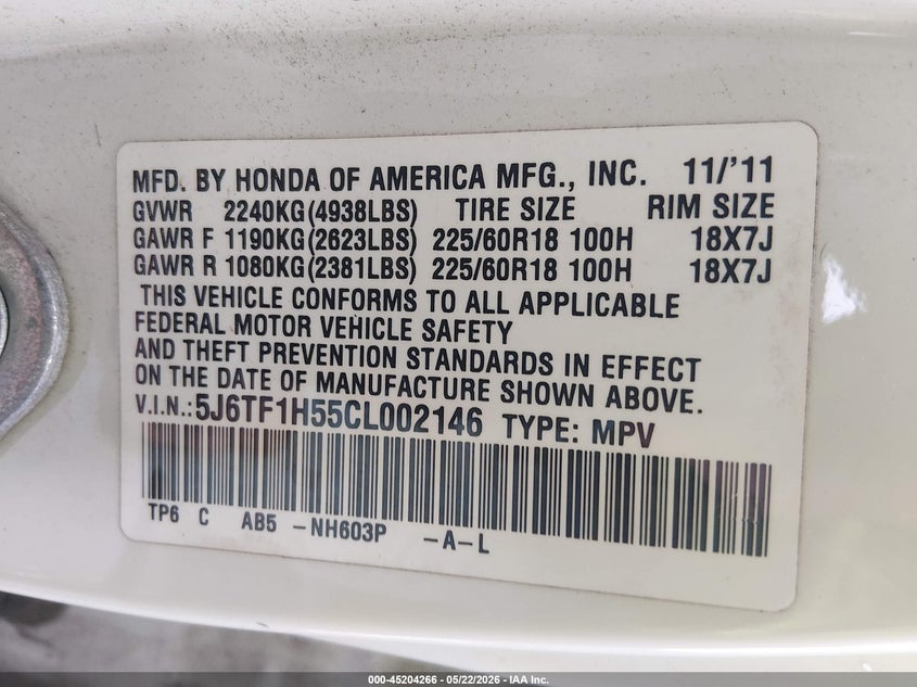 2012 Honda Crosstour Ex-L VIN: 5J6TF1H55CL002146 Lot: 45204266