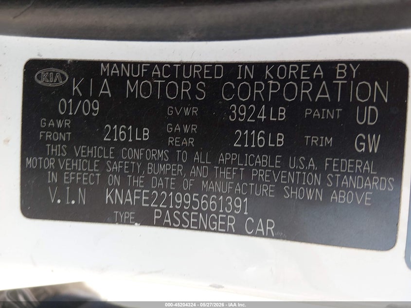 2009 Kia Spectra Ex VIN: KNAFE221995661391 Lot: 45204324