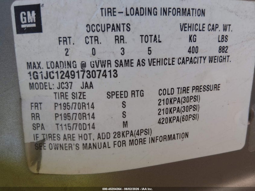 2001 Chevrolet Cavalier VIN: 1G1JC124917307413 Lot: 45204364