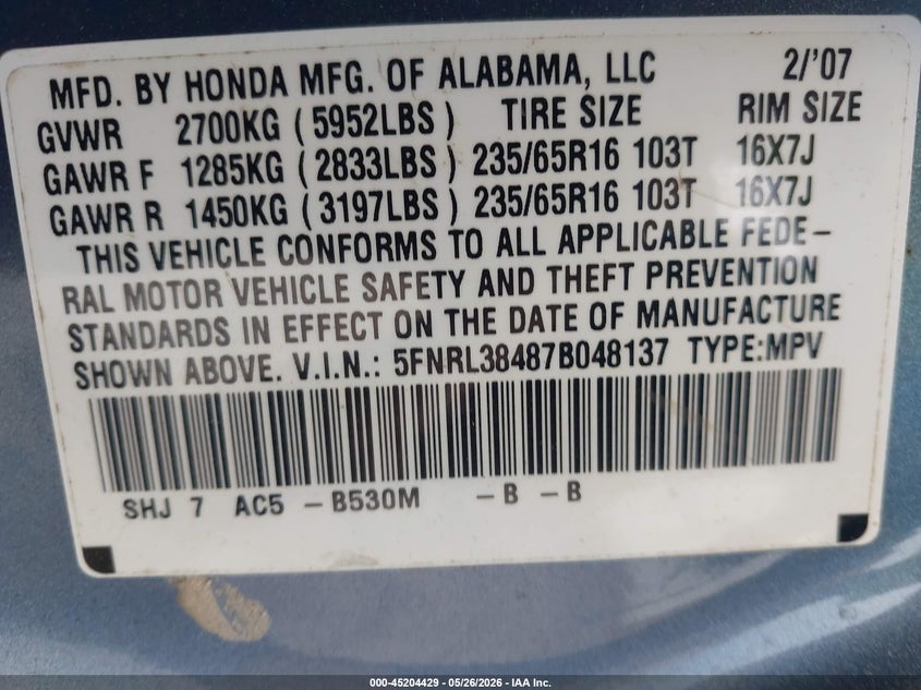 2007 HONDA ODYSSEY VAN 3.5L V-6 VVT, 244HP