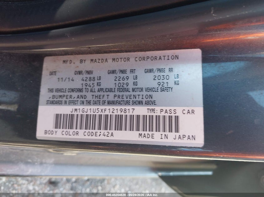 2015 Mazda Mazda6 I Sport VIN: JM1GJ1U5XF1219817 Lot: 45204528