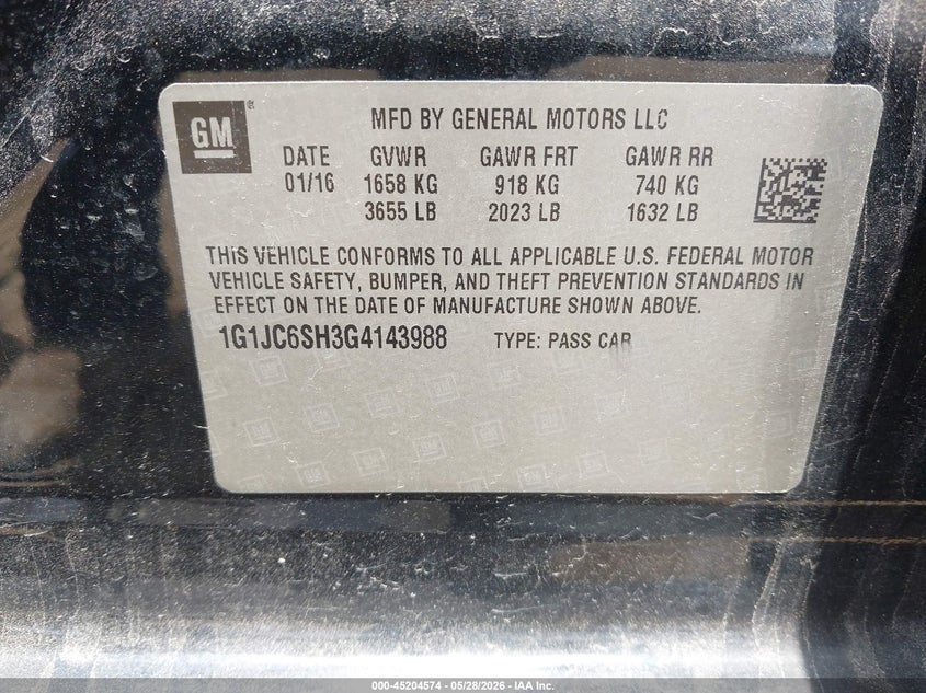 2016 Chevrolet Sonic Lt Auto VIN: 1G1JC6SH3G4143988 Lot: 45204574