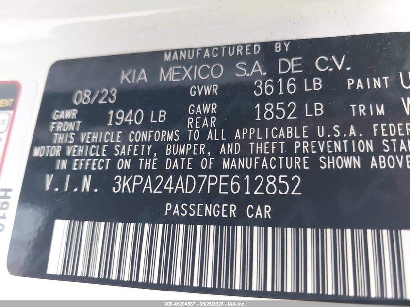 KIA RIO 2023 VIN 3KPA24AD7PE612852