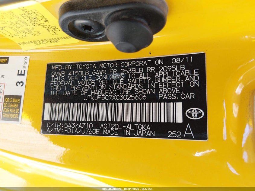 2012 Scion Tc 2.5 Tc Release Series 7.0 yellow Lot 111045204626 Vin JTKJF5C7XC3025606