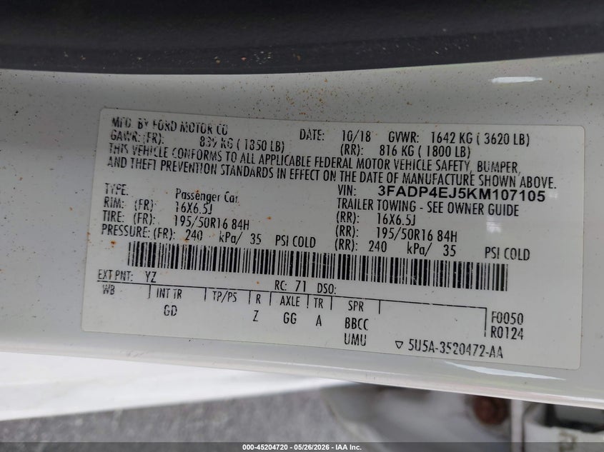 2019 Ford Fiesta Se VIN: 3FADP4EJ5KM107105 Lot: 45204720