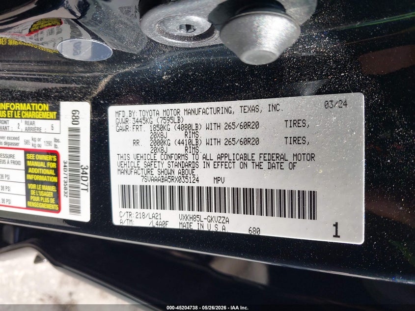 2024 Toyota Sequoia Platinum VIN: 7SVAAABA5RX035124 Lot: 45204738