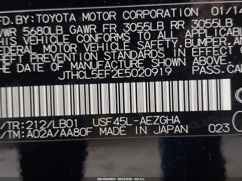 2014 Lexus Ls 460 VIN: JTHCL5EF2E5020919 Lot: 45204803