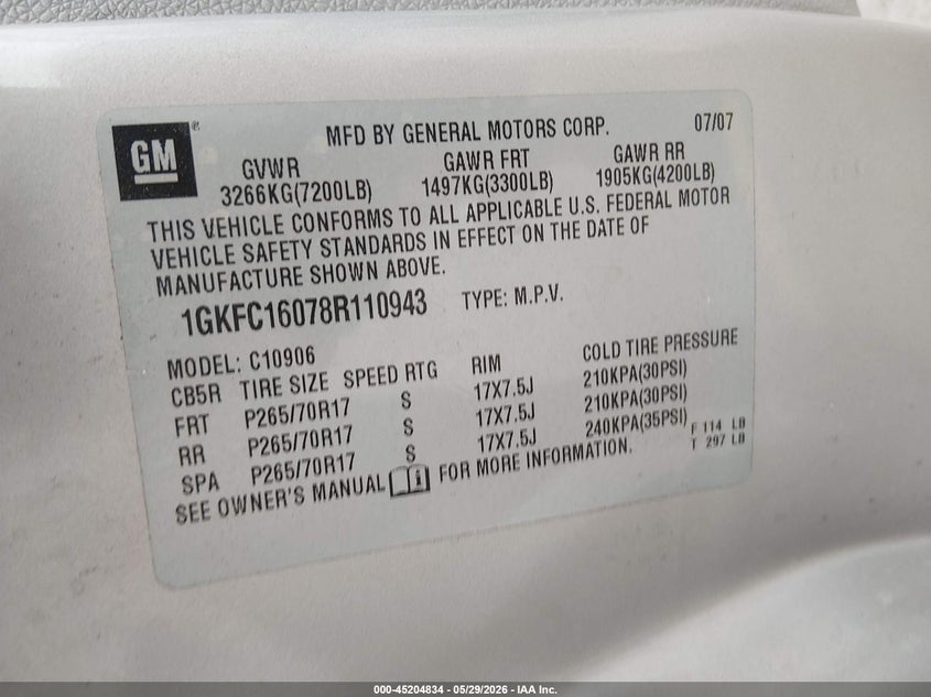 GMC YUKON XL 1500 2008 VIN 1GKFC16078R110943