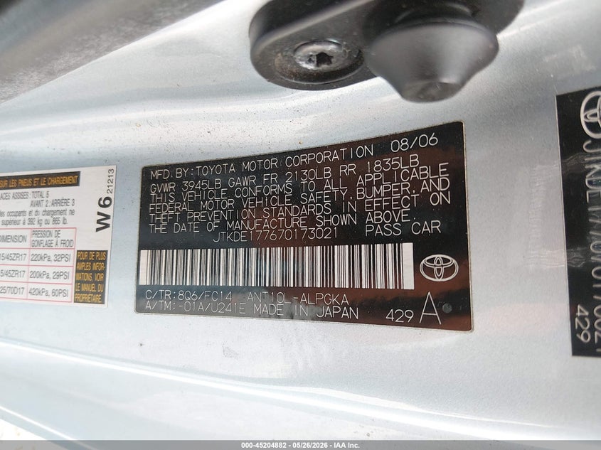 2007 Scion Tc VIN: JTKDE177670173021 Lot: 45204882