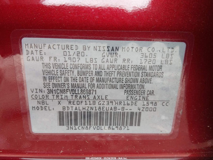 2020 NISSAN VERSA SR XTRONIC CVT — Фото 9