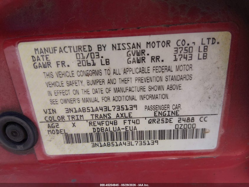 2003 Nissan Sentra Se-R VIN: 3N1AB51A43L735139 Lot: 45204945