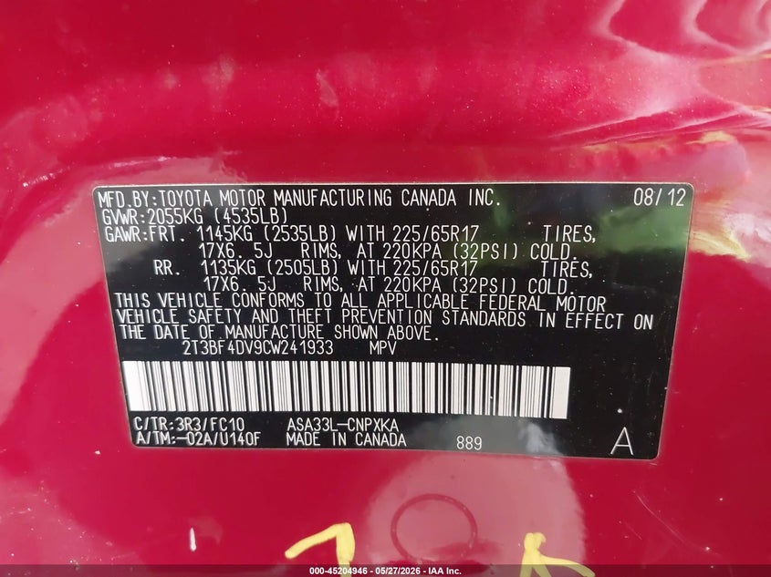 2012 Toyota Rav 4 2.5 Rav4 red Lot 111045204946 Vin 2T3BF4DV9CW241933