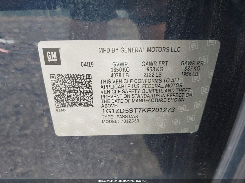 VIN 1G1ZD5ST7KF201273 2019 CHEVROLET MALIBU LT