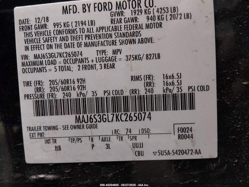 2019 Ford Ecosport Se VIN: MAJ6S3GL7KC265074 Lot: 45204955