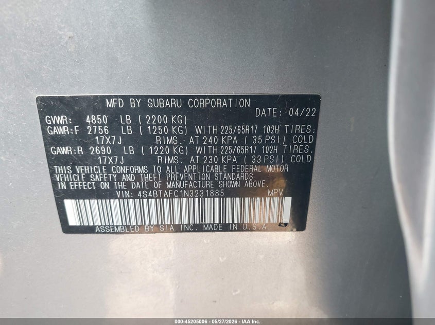 2022 Subaru Outback Premium VIN: 4S4BTAFC1N3231885 Lot: 45205006