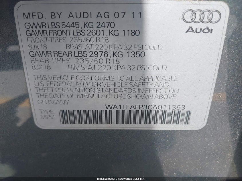 2012 Audi Q5 2.0T Premium VIN: WA1LFAFP3CA011363 Lot: 45205059