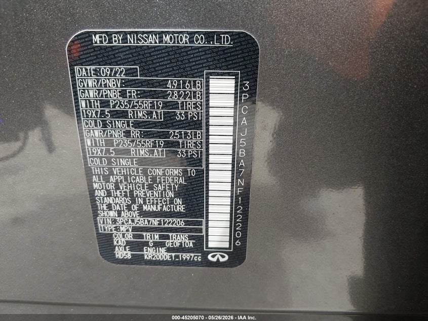 2022 Infiniti Qx50 Luxe VIN: 3PCAJ5BA7NF122206 Lot: 45205070