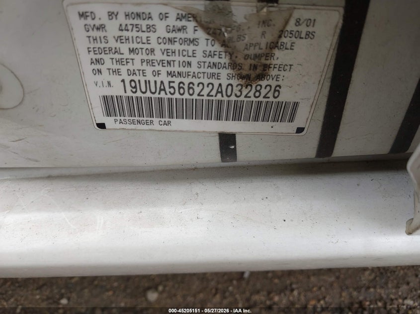 2002 Acura Tl 3.2 VIN: 19UUA56622A032826 Lot: 45205151