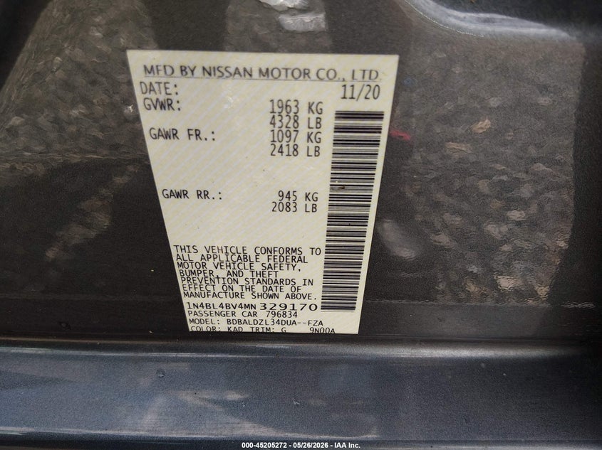 VIN 1N4BL4BV4MN329170 2021 NISSAN ALTIMA S FWD