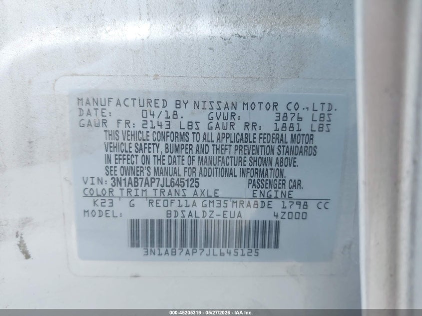 VIN 3N1AB7AP7JL645125 2018 NISSAN SENTRA SV
